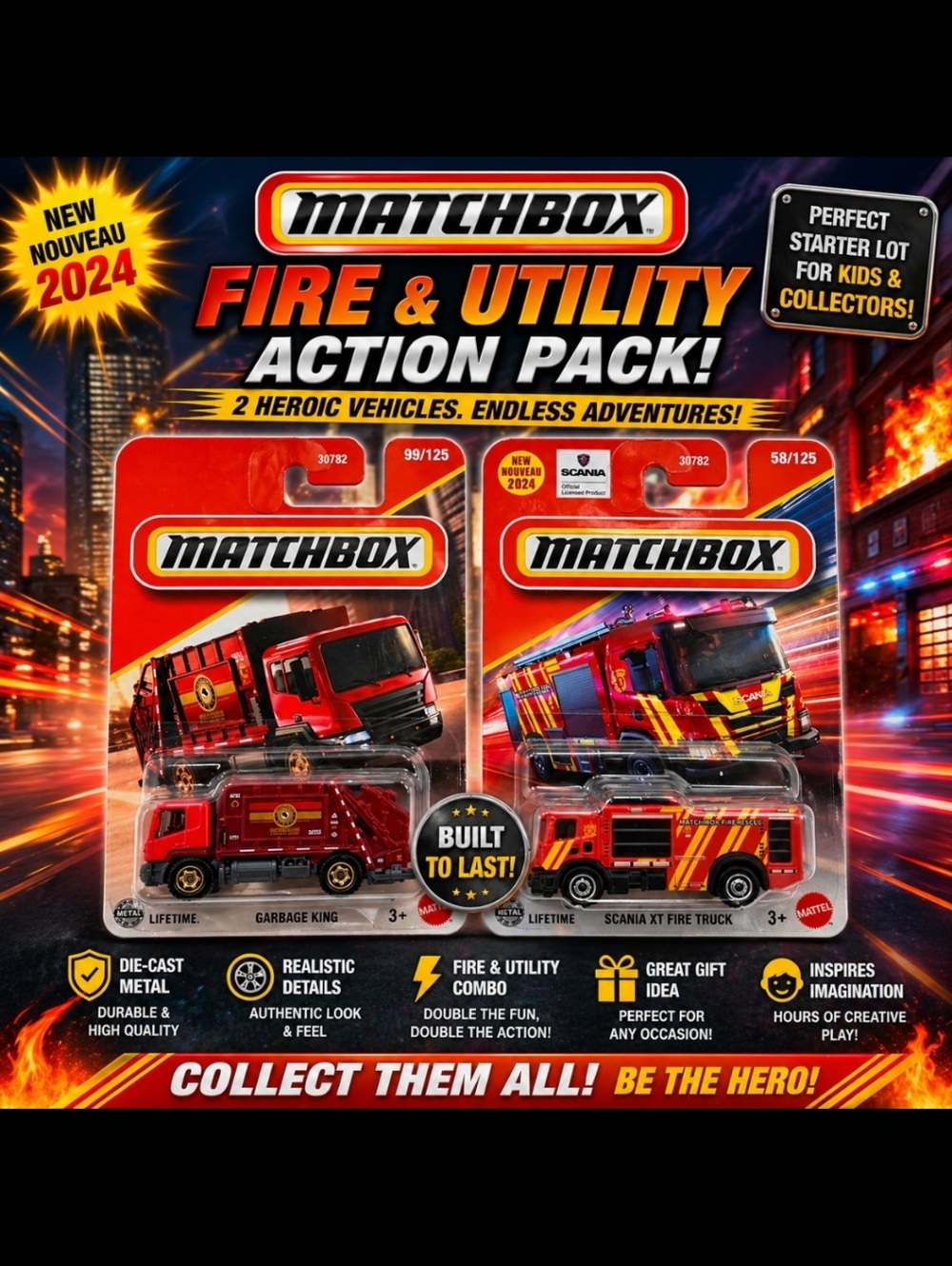 Matchbox Garbage King + Scania Fire Truck Lot 2 New Sealed